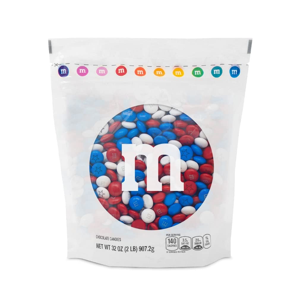 M&Mâ€™S WORLD Red, White, and Royal Blue Milk Chocolate Candy - 2lbs Bulk Resealable Bag for Celebrations, 4th of July Decorations, Red, White, Blue Decorations and More