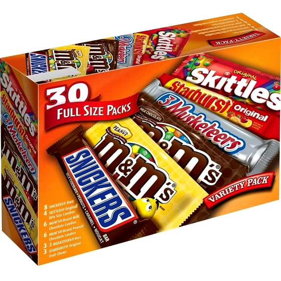 M&M'S, SNICKERS, 3 MUSKETEERS, SKITTLES & STARBURST Full Size Chocolate Candy Variety Mix 56.11-Ounce 30-Count Box
