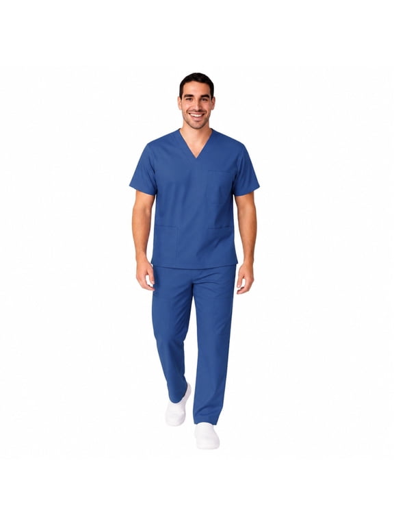 Men's Scrub Set, V-Neck Top & Cargo Pants, 8 Pockets, True Navy Blue, S