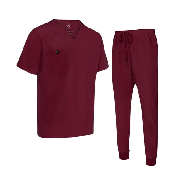 M&M SCRUBS Men's Jogger Scrub Set – Luxe Stretch Medical Uniform, V-Neck Scrubs Top & Jogger Pants (Burgundy, Medium)