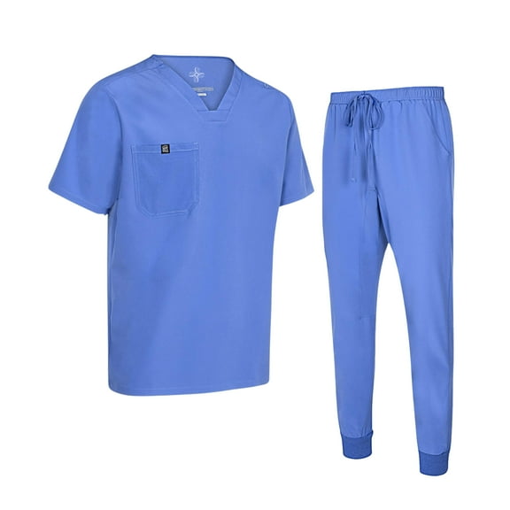 M&M SCRUBS Men's Jogger Scrub Set – Luxe Stretch Medical Uniform, V-Neck Scrubs Top & Jogger Pants (Ceil Blue, Small)