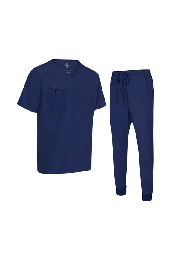 Men's Jogger Scrub Set – Luxe Stretch Medical Uniform, V-Neck Scrubs Top & Jogger Pants (True Navy Blue, X-Small)