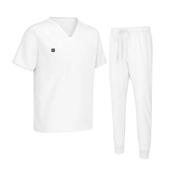 M&M SCRUBS Men's Jogger Scrub Set – Luxe Stretch Medical Uniform, V-Neck Scrubs Top & Jogger Pants (White, Large)