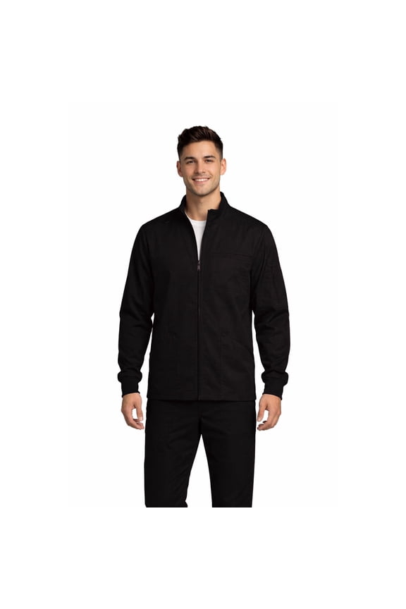 Men’s Scrub Jacket Zip Front – Stretch Medical Warm-Up Jacket with 5 Pockets, ID Loop (Black, 2X-Large)