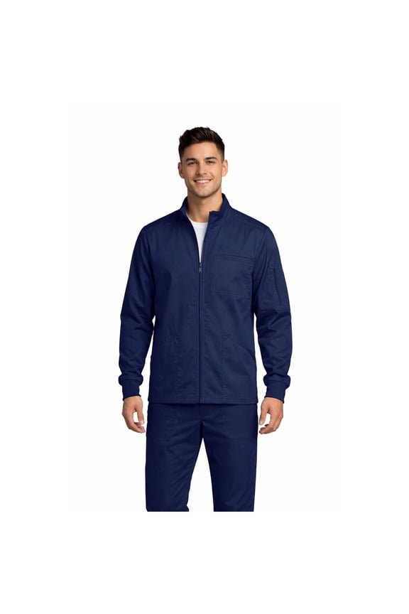 Men’s Scrub Jacket Zip Front – Stretch Medical Warm-Up Jacket with 5 Pockets, ID Loop (True Navy Blue, Large)