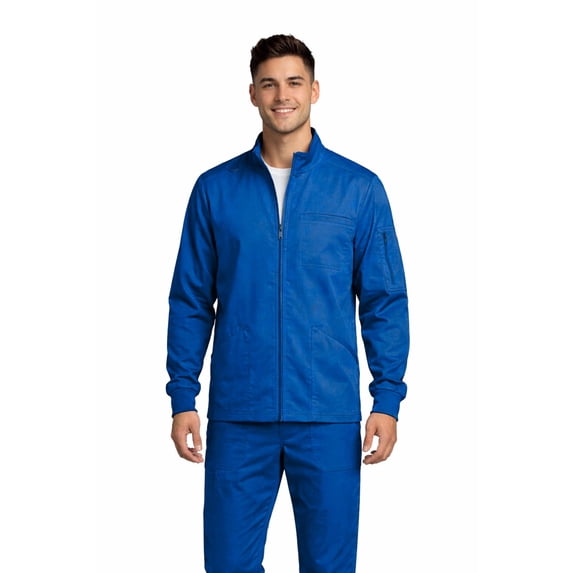 M&M SCRUBS Men’s Scrub Jacket Zip Front – Stretch Medical Warm-Up Jacket with 5 Pockets, ID Loop (True Royal Blue, X-Small)