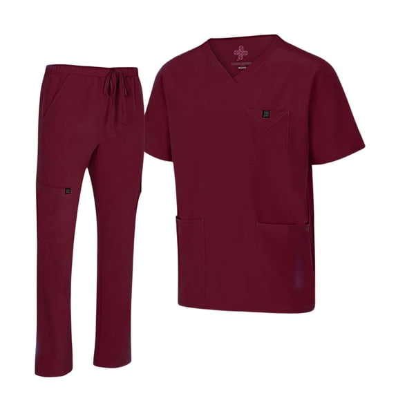 M&M SCRUBS Men's Scrub Set – Stretch V-Neck Multi-Pocket Mens Medical Uniform Scrubs Top & Cargo Pants (Burgundy, Large)