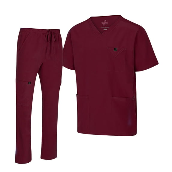 M&M SCRUBS Men's Scrub Set – Stretch V-Neck Multi-Pocket Mens Medical Uniform Scrubs Top & Cargo Pants (Burgundy, Small)
