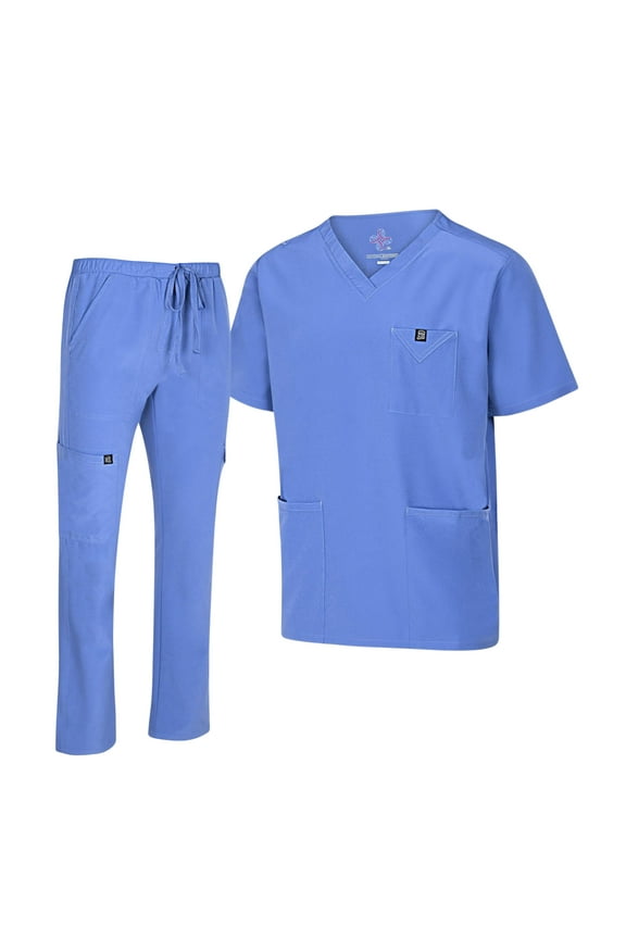 Men's Scrub Set – Stretch V-Neck Multi-Pocket Mens Medical Uniform Scrubs Top & Cargo Pants (Ceil Blue, Small)