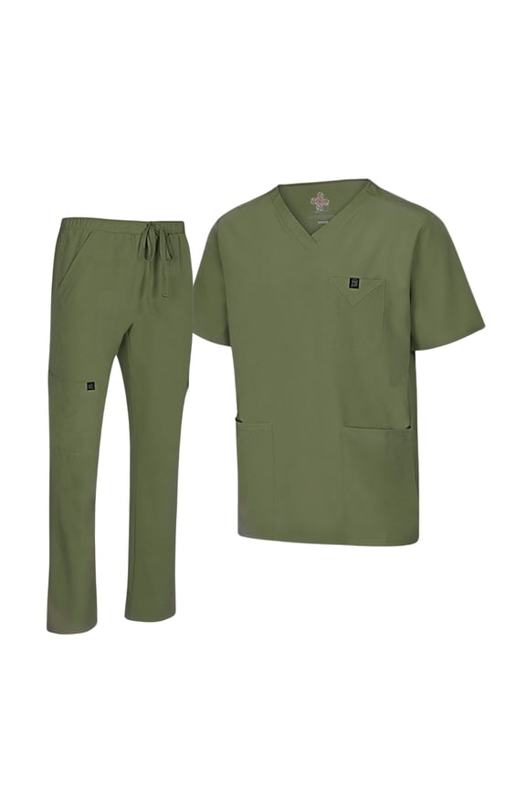 Men's Scrub Set – Stretch V-Neck Multi-Pocket Mens Medical Uniform Scrubs Top & Cargo Pants (Olive, Large)