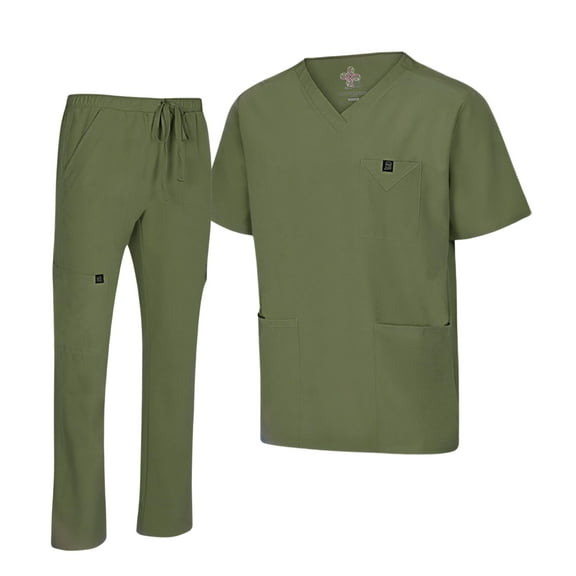 M&M SCRUBS Men's Scrub Set – Stretch V-Neck Multi-Pocket Mens Medical Uniform Scrubs Top & Cargo Pants (Olive, Medium)