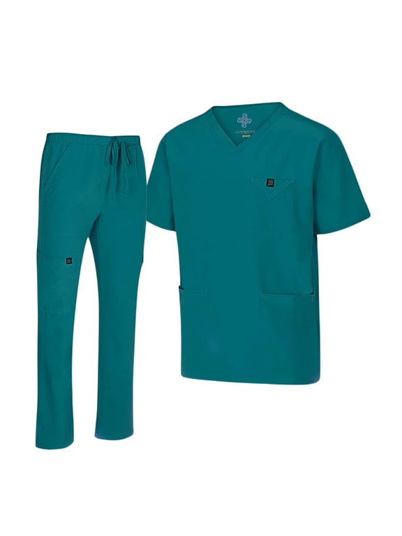 Men's Scrub Set – Stretch V-Neck Multi-Pocket Mens Medical Uniform Scrubs Top & Cargo Pants (True Hunter Green, X-Large)