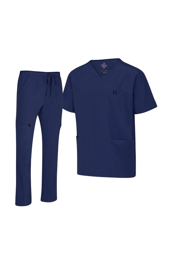 Men's Scrub Set – Stretch V-Neck Multi-Pocket Mens Medical Uniform Scrubs Top & Cargo Pants (True Navy Blue, Medium)