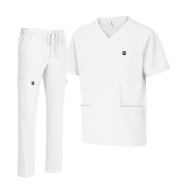 M&M SCRUBS Men's Scrub Set – Stretch V-Neck Multi-Pocket Mens Medical Uniform Scrubs Top & Cargo Pants (White, 3X-Large)