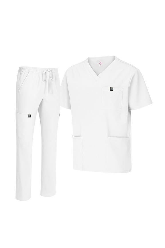 Men's Scrub Set – Stretch V-Neck Multi-Pocket Mens Medical Uniform Scrubs Top & Cargo Pants (White, Small)