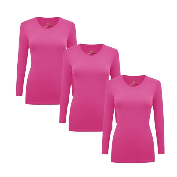 M&M SCRUBS V-Neck Women's Underscrub Tee Long Sleeve T-Shirt 3 PACK (Hot Pink, Large)
