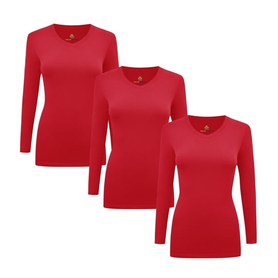 M&M SCRUBS V-Neck Women's Underscrub Tee Long Sleeve T-Shirt 3 PACK (Red, X-Small)