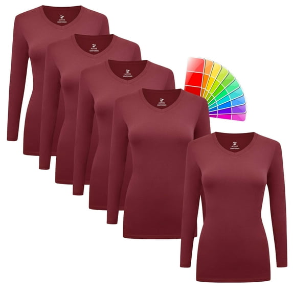 M&M SCRUBS V-Neck Women's Underscrub Tee Long Sleeve T-Shirt 5 PACK (Burgundy, Small)