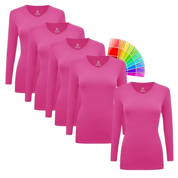 M&M SCRUBS V-Neck Women's Underscrub Tee Long Sleeve T-Shirt 5 PACK (Hot Pink, 3X-Large)