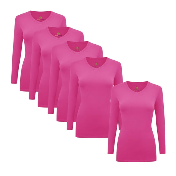M&M SCRUBS V-Neck Women's Underscrub Tee Long Sleeve T-Shirt 5 PACK (Hot Pink, XX-Small)