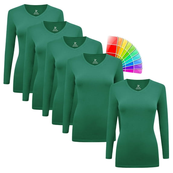 M&M SCRUBS V-Neck Women's Underscrub Tee Long Sleeve T-Shirt 5 PACK (Hunter Green, 3X-Large)