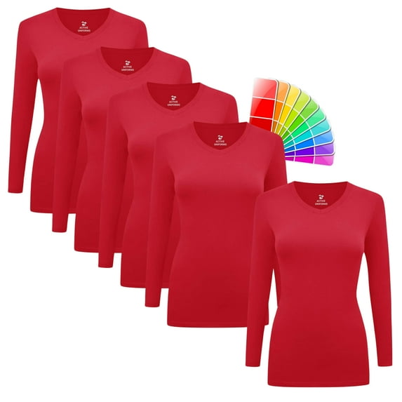 M&M SCRUBS V-Neck Women's Underscrub Tee Long Sleeve T-Shirt 5 PACK (Red, Medium)