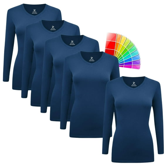M&M SCRUBS V-Neck Women's Underscrub Tee Long Sleeve T-Shirt 5 PACK (True Navy Blue, 3X-Large)
