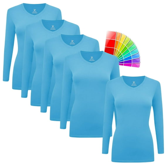 M&M SCRUBS V-Neck Women's Underscrub Tee Long Sleeve T-Shirt 5 PACK (Water Blue, X-Large)