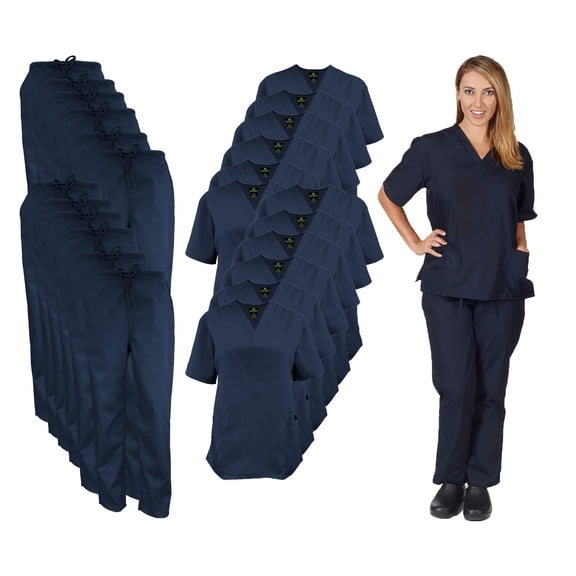 M&M SCRUBS Women Scrub Set V-Neck Medical Scrub Tops and Drawstring Pants - Pack of 12 Set (Dark Navy Blue, 3X-Large)