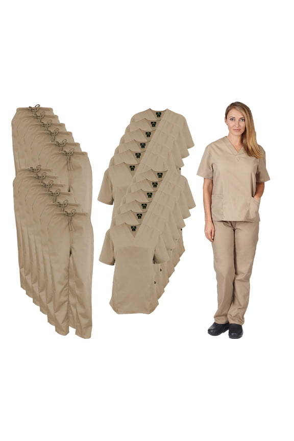 Women Scrub Set V-Neck Medical Scrub Tops and Drawstring Pants - Pack of 12 Set (Khaki, 4X-Large)