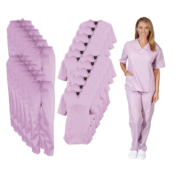 M&M SCRUBS Women Scrub Set V-Neck Medical Scrub Tops and Drawstring Pants - Pack of 12 Set (Lilac, 5X-Large)