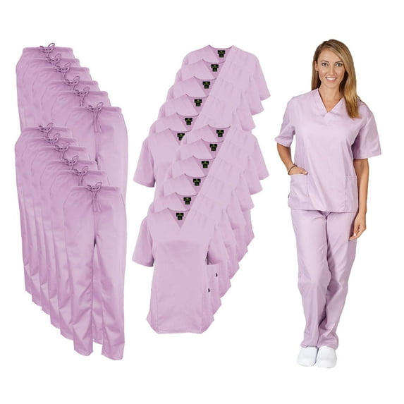 M&M SCRUBS Women Scrub Set V-Neck Medical Scrub Tops and Drawstring Pants - Pack of 12 Set (Lilac, Large)