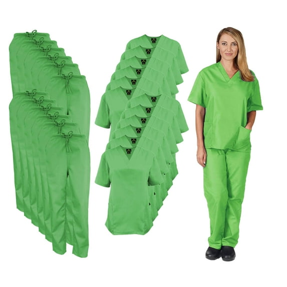 M&M SCRUBS Women Scrub Set V-Neck Medical Scrub Tops and Drawstring Pants - Pack of 12 Set (Lime Green, Medium)