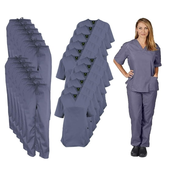 M&M SCRUBS Women Scrub Set V-Neck Medical Scrub Tops and Drawstring Pants - Pack of 12 Set (Pewter Charcoal, X-Large)