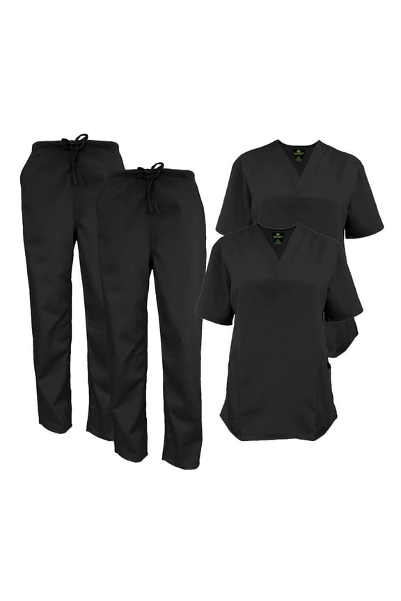 Women Scrub Set V-Neck Medical Scrub Tops and Drawstring Pants - Pack of 2 Set (Black, 4X-Large)