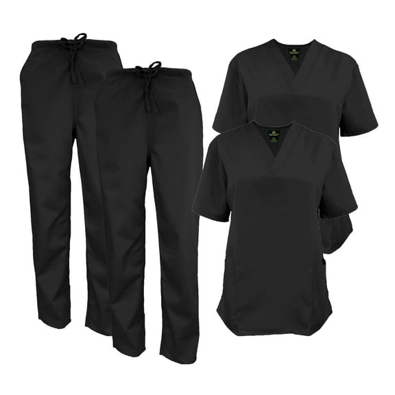 M&M SCRUBS Women Scrub Set V-Neck Medical Scrub Tops and Drawstring Pants - Pack of 2 Set (Black, X-Small)