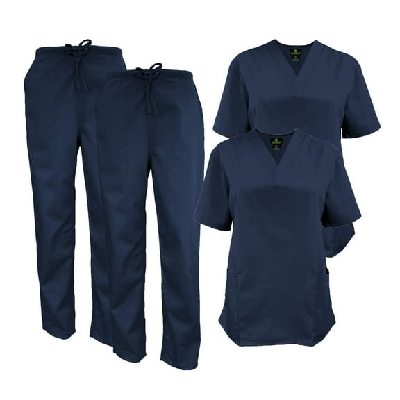 M&M SCRUBS Women Scrub Set V-Neck Medical Scrub Tops and Drawstring Pants - Pack of 2 Set (Dark Navy Blue, Medium)