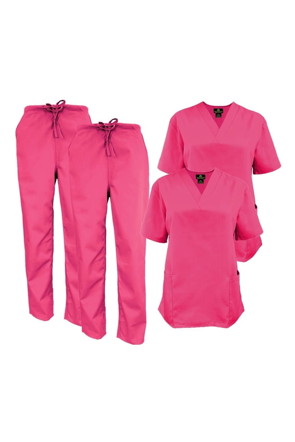 Women Scrub Set V-Neck Medical Scrub Tops and Drawstring Pants - Pack of 2 Set (Hot Pink, XX-Small)