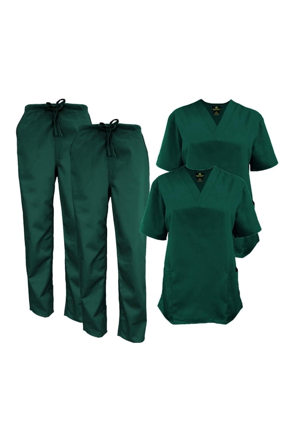 Women Scrub Set V-Neck Medical Scrub Tops and Drawstring Pants - Pack of 2 Set (Hunter Green, Large)