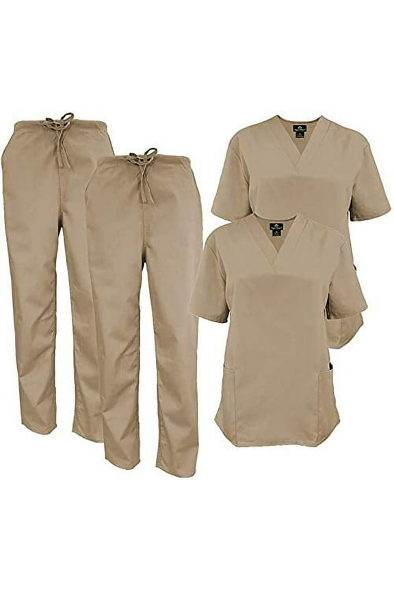 Women Scrub Set V-Neck Medical Scrub Tops and Drawstring Pants - Pack of 2 Set (Khaki, 4X-Large)