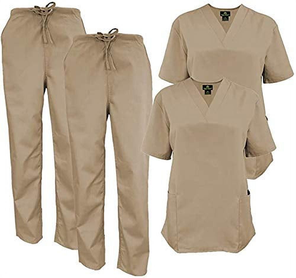 M&M SCRUBS Women Scrub Set VNeck Medical Scrub Tops and Drawstring Pants Pack of 2 Set (Khaki