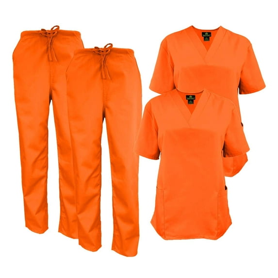 M&M SCRUBS Women Scrub Set V-Neck Medical Scrub Tops and Drawstring Pants - Pack of 2 Set (Orang, Large)