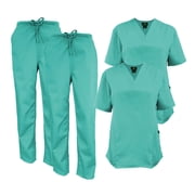 M&M SCRUBS Women Scrub Set V-Neck Medical Scrub Tops and Drawstring Pants - Pack of 2 Set Sergical Green, XX-Small