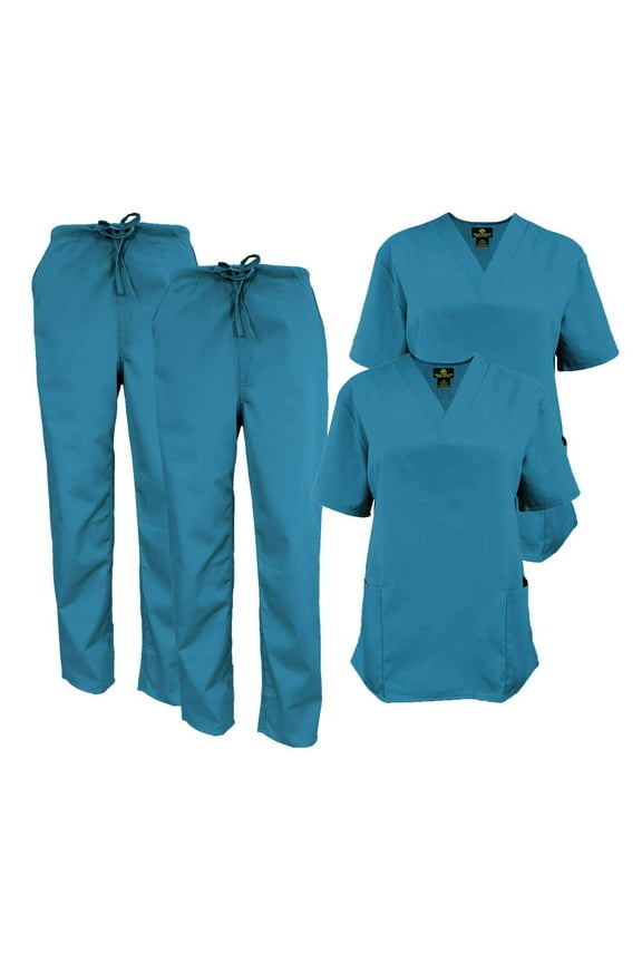 Women Scrub Set V-Neck Medical Scrub Tops and Drawstring Pants - Pack of 2 Set (Teal, XX-Small)