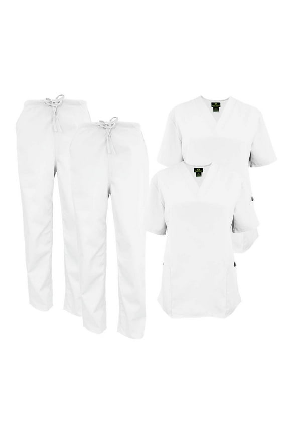 Women Scrub Set V-Neck Medical Scrub Tops and Drawstring Pants - Pack of 2 Set (White, 4X-Large)