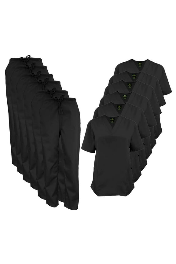 Women Scrub Set V-Neck Medical Scrub Tops and Drawstring Pants - Pack of 6 Set (Black, 5X-Large)
