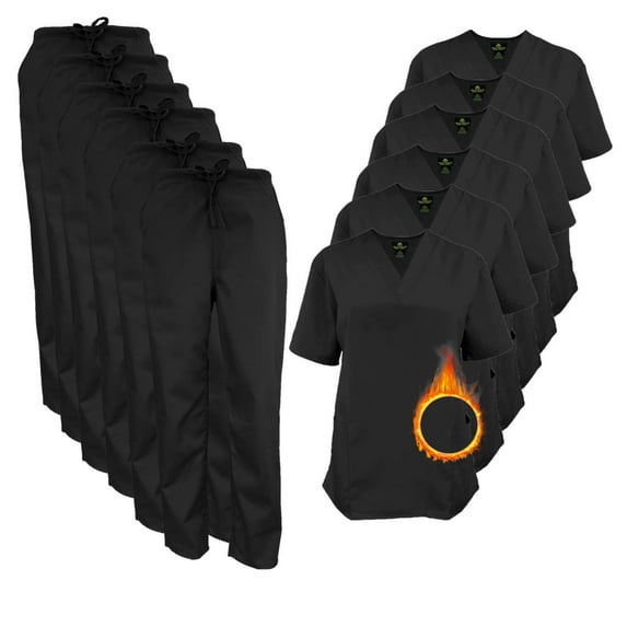 M&M SCRUBS Women Scrub Set V-Neck Medical Scrub Tops and Drawstring Pants - Pack of 6 Set (Black, X-Large)