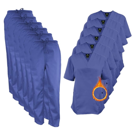M&M SCRUBS Women Scrub Set V-Neck Medical Scrub Tops and Drawstring Pants - Pack of 6 Set (Ceil Blue, Large)