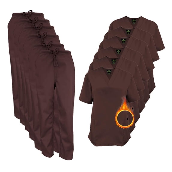 M&M SCRUBS Women Scrub Set V-Neck Medical Scrub Tops and Drawstring Pants - Pack of 6 Set (Chocolate, Small)