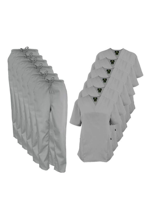 Women Scrub Set V-Neck Medical Scrub Tops and Drawstring Pants - Pack of 6 Set (Grey, 5X-Large)